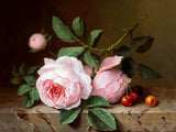 Exquisite Oleograph on Canvas Still Life of Pink Roses on a Marble Ledge