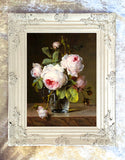Beautiful Oleograph on Canvas Still Life of White Roses in a  Glass Vase