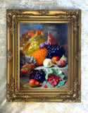 Exquisite Oleograph on Canvas Still Life of Mixed Fruit on Marble Steps