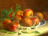 Fine Oleograph on Canvas Still Life of Apples, Holly & Mistletoe on a Ledge aft. E H Stannard