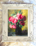 Exquisite Oleograph on Canvas - Still Life of Red Roses in a Vase