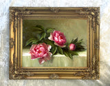 Beautiful Oleograph on Canvas - Still Life with Pink Peonies on a Ledge