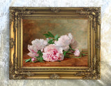 Fine Still Life Lithograph on Canvas - Pink Peonies on a Marble Ledge