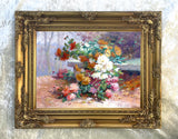 Fine Oleograph on Canvas Still Life of Dahlias by a Bench