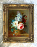 Fine Large Still Life Oleograph on Canvas -  Roses & Marigolds  in a Wicker Basket