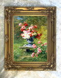Stunning Still Life Oleograph on Canvas Still Life of Peonies in a Stone Urn