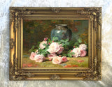Superb Still Life Oleograph on Canvas Still Life of Pink & White Roses with a Blue Vase