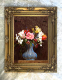 Exquisite Oleograph on Canvas - Flowers in a Blue Vase