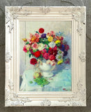 Beautiful Still Life Oleograph on Canvas - Flowers in a Vase with Fruit