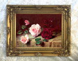 Beautiful Still Life Oleograph on Canvas Still Life of Roses on a Marble Ledge