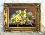 Beautiful Still Life Oleograph on Canvas Still Life of Yellow Roses & Lilacs