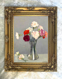 Stunning Still Life Oleograph on Canvas Still Life of Carnations in a Vase