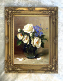 Stunning Still Life Oleograph on Canvas Still Life of White Roses