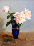 Exquisite Oleograph on Canvas - Assorted Roses in a Blue Vase