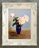 Exquisite Oleograph on Canvas - Assorted Roses in a Blue Vase