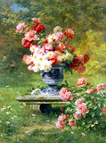 Stunning Still Life Oleograph on Canvas Still Life of Peonies in a Stone Urn