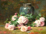 Superb Still Life Oleograph on Canvas Still Life of Pink & White Roses with a Blue Vase