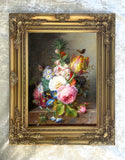 Fine Large Still Life Oleograph on Canvas - Tulips & Roses on a Marble Ledge