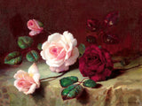 Beautiful Still Life Oleograph on Canvas Still Life of Roses on a Marble Ledge