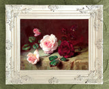 Beautiful Still Life Oleograph on Canvas Still Life of Roses on a Marble Ledge