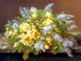 Beautiful Still Life Oleograph on Canvas Still Life of Yellow Roses & Lilacs