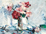 Beautiful Oleograph on Canvas Still Life of Pink & Red Roses in a Vase