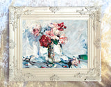Beautiful Oleograph on Canvas Still Life of Pink & Red Roses in a Vase