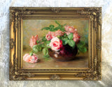 Fine Lithograph on Canvas - Pink & White Roses in a Bowl