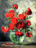 Stunning Still Life Oleograph on Canvas Still Life of  Red Carnations in a Vase