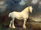 Fine Oleograph on Canvas - The White Shire Horse "Barrel" in a Landscape