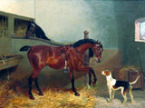 Oleograph on Canvas of Horses & a Dog in a Stable