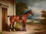 Fine Oleograph on Canvas of a Bay Hunter saddled in a Yard