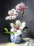 Stunning Still Life Oleograph on Canvas Still Life of  Magnolias in a  Blue & White Vase