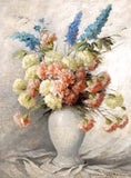 Stunning Still Life Oleograph on Canvas Still Life of Pink & Blue Carnations in a Vase