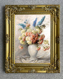 Stunning Still Life Oleograph on Canvas Still Life of Pink & Blue Carnations in a Vase