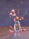 Stunning Still Life Oleograph on Canvas Still Life of Pink Flowers in a Glass Vase