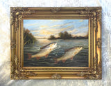 Fine Angling Oleograph of Brown Trout rising