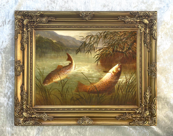 Fine Angling Oleograph on Canvas - Pair of Brown Trout