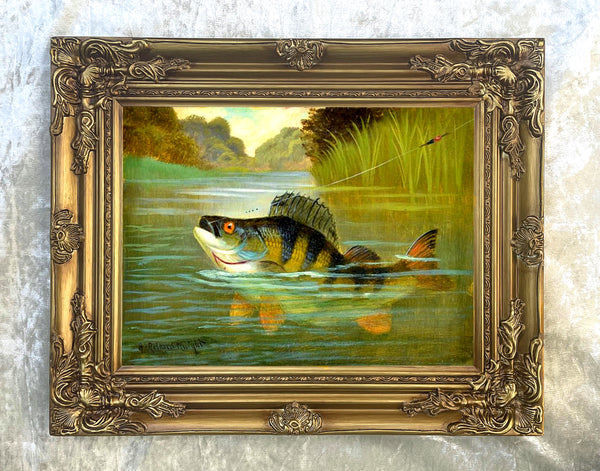 Fine Angling Oleograph on Canvas - Perch On The Hook