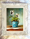 Exquisite Oleograph on Canvas Still Life of Auriculas in a Blue & White Coffee Mug
