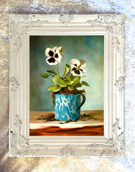 Exquisite Oleograph on Canvas Still Life of Auriculas in a Blue & White Coffee Mug