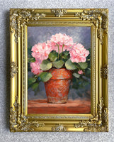 Exquisite Oleograph on Canvas Still Life of Pink Geraniums in a Pot