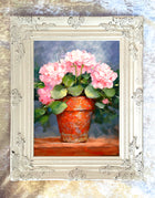 Exquisite Oleograph on Canvas Still Life of Pink Geraniums in a Pot