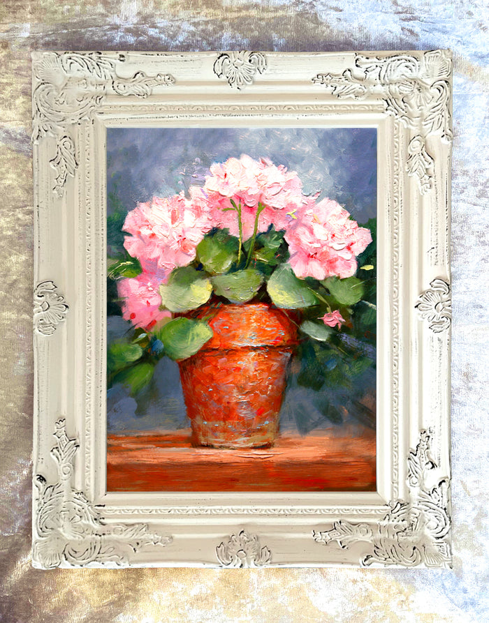 Exquisite Oleograph on Canvas Still Life of Pink Geraniums in a Pot