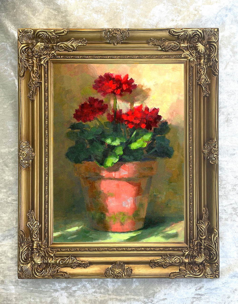 Exquisite Oleograph on Canvas Still Life of Geraniums in a Pot