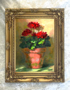 Exquisite Oleograph on Canvas Still Life of Geraniums in a Pot