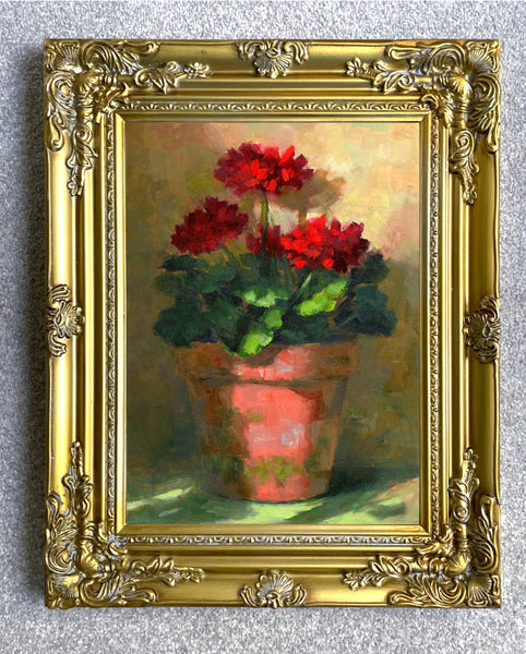 Exquisite Oleograph on Canvas Still Life of Geraniums in a Pot