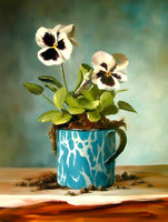 Exquisite Oleograph on Canvas Still Life of Auriculas in a Blue & White Coffee Mug