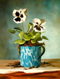 Exquisite Oleograph on Canvas Still Life of Auriculas in a Blue & White Coffee Mug