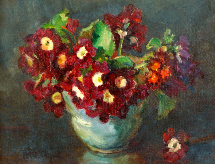 Exquisite Oleograph on Canvas Still Life of Auriculas in a Bowl